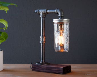 Mason Jar lamp/Industrial lamp/Rustic decor/Table lamp/Radio Cooper lamp light/housewarming gift/gift for men/bedside lamp/desk accessories