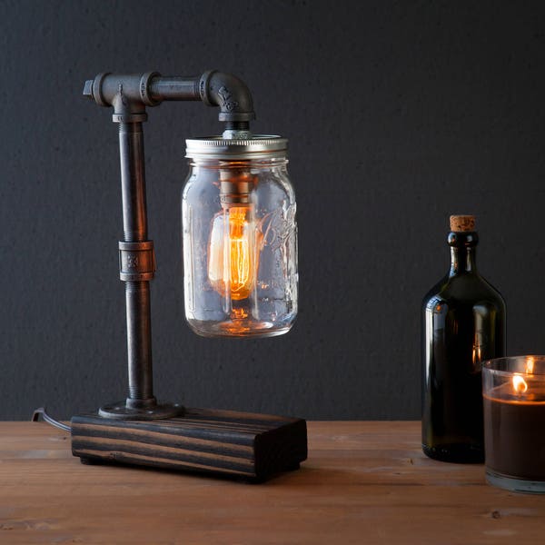 Mason Jar lamp/Industrial lamp/Rustic decor/Table lamp/Radio Cooper lamp light/housewarming gift/gift for men/bedside lamp/desk accessories