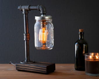 Mason Jar lamp/Industrial lamp/Rustic decor/Table lamp/Radio Cooper lamp light/housewarming gift/gift for men/bedside lamp/desk accessories