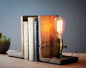 Bookends lamp/Rustic decor/Industrial lamp/Steampunk light/Unique lamp/Housewarming/Gift for Men & Book lover/Bedside lamp/Desk accessories