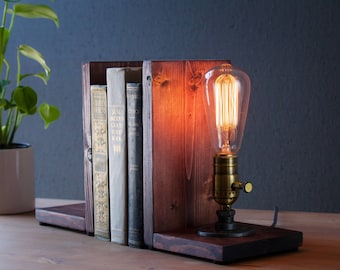 Bookend lamp/Rustic decor/Industrial lamp/Steampunk light/Unique lamp/Housewarming/Gift for Men & Book lover/Bedside lamp/Desk accessories