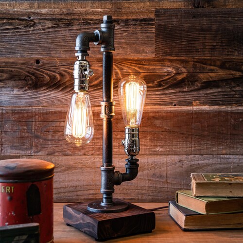 Industrial Steampunk table pipe lamp with Radio Edison bulb and Red Mahogany wood base 