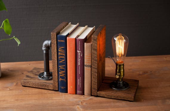 Desk Organizer Bookends Lamp rustic Decor industrial Lamp