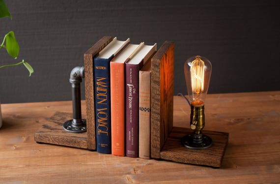 Desk Organizer Bookends lamp/Rustic decor/Industrial lamp/Steampunk light/Housewarming/Gift for Men Book lover/Bedside lamp/Desk accessories