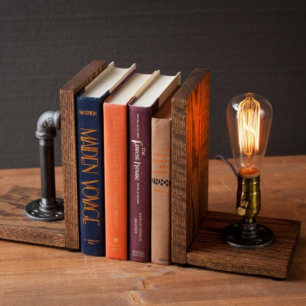 Desk Organizer Bookends lamp/Rustic decor/Industrial lamp/Steampunk light/Housewarming/Gift for Men Book lover/Bedside lamp/Desk accessories