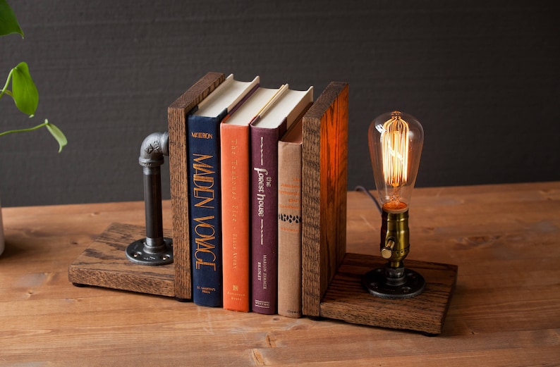 Desk Organizer Bookends lamp/Rustic decor/Industrial lamp/Steampunk light/Housewarming/Gift for Men Book lover/Bedside lamp/Desk accessories 