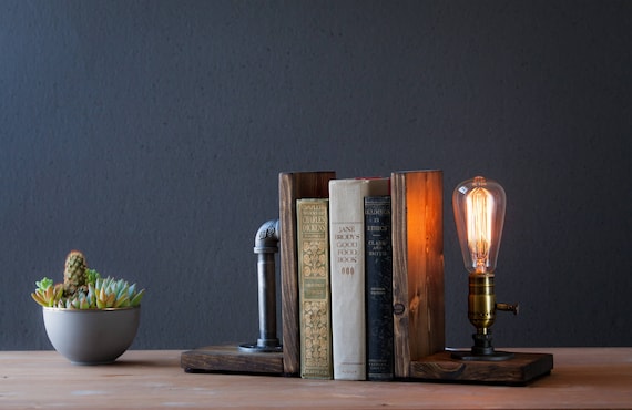 Bookend lamp/Rustic decor/Industrial lamp/Steampunk light/Unique lamp/Housewarming/Gift for Men & Book lover/Bedside lamp/Desk accessories