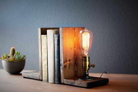 Bookends lamp/Rustic decor/Industrial lamp/Steampunk light/Unique lamp/Housewarming/Gift for Men & Book lover/Bedside lamp/Desk accessories