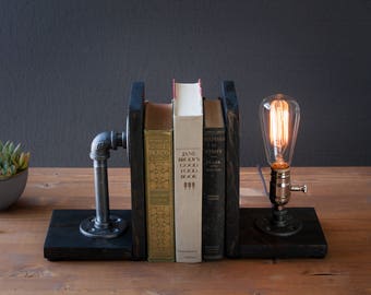 Bookend lamp/Rustic decor/Industrial lamp/Steampunk light/Unique lamp/Housewarming/Gift for Men & Book lover/Bedside lamp/Desk accessories