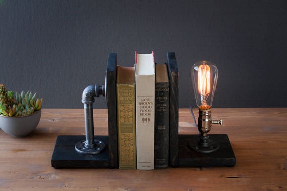 Bookend lamp/Rustic decor/Industrial lamp/Steampunk light/Unique lamp/Housewarming/Gift for Men & Book lover/Bedside lamp/Desk accessories