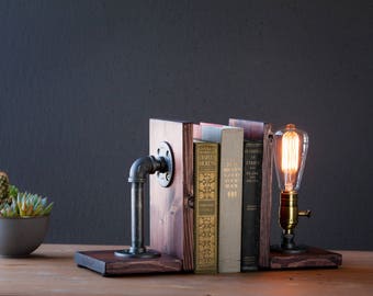 Bookend lamp/Rustic decor/Industrial lamp/Steampunk light/Unique lamp/Housewarming/Gift for Men & Book lover/Bedside lamp/Desk accessories