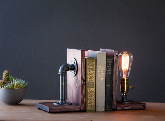 Bookend lamp/Rustic decor/Industrial lamp/Steampunk light/Unique lamp/Housewarming/Gift for Men & Book lover/Bedside lamp/Desk accessories