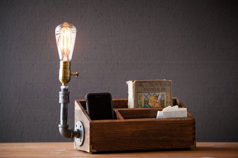 Rustic Desk Organizer lamp\/Docking station\/Rustic home decor\/Steampunk Lamp\/Table Lamp\/Edison Light \/Vintage Light \/Pipe Lamp \/Bedside Lamp