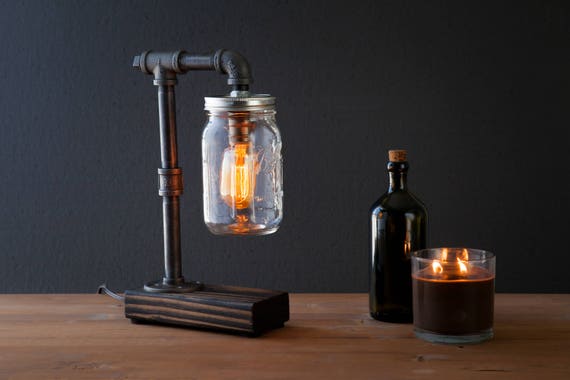 Mason Jar lamp/Industrial lamp/Rustic decor/Table lamp/Radio Cooper lamp light/housewarming gift/gift for men/bedside lamp/desk accessories