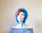 Turquoise Fluffy Hat, Feather Hat, Vintage 1970s, Winter Bonnet