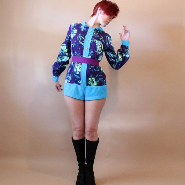 Mod Purple Aqua Hot Pants, Vintage 1960s, Jumpsuit Shorts, Size Medium