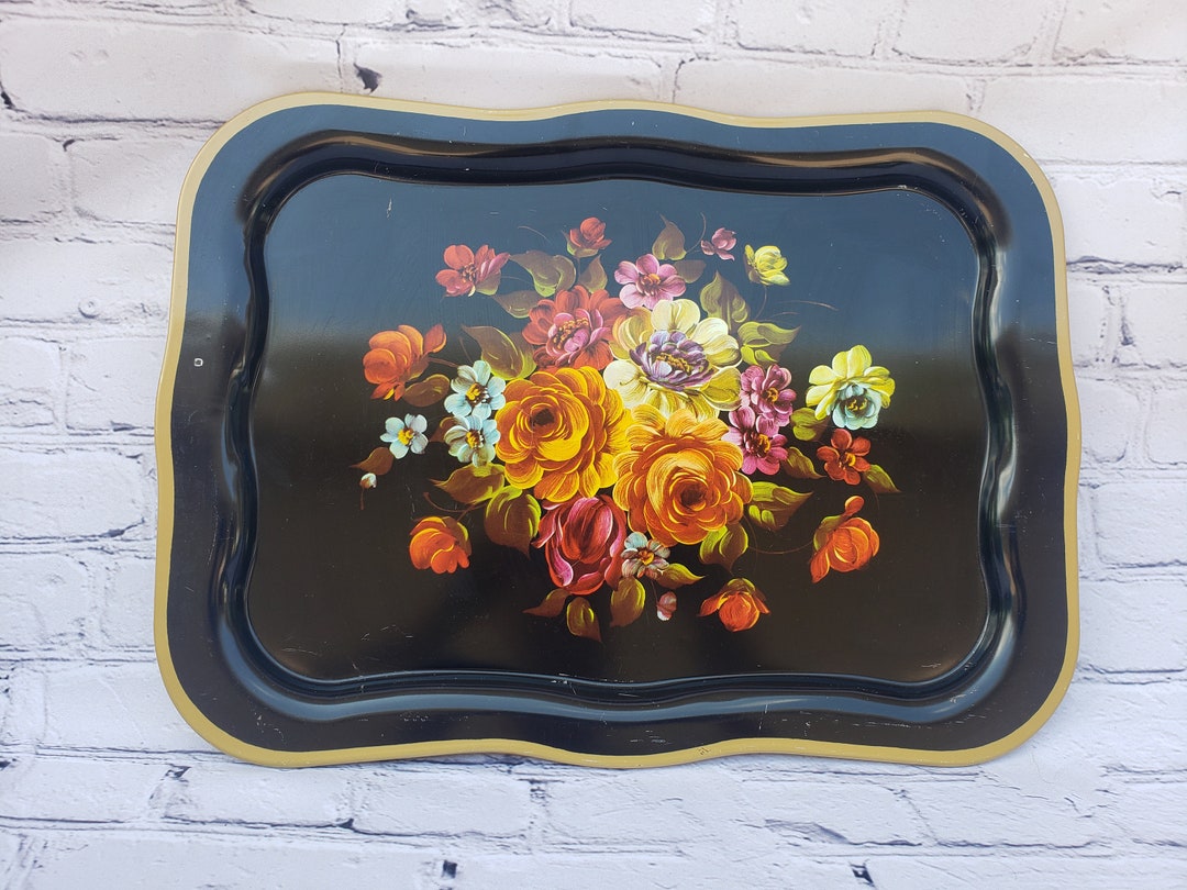 Vintage Large Black Metal Tray With Bright Floral Etsy