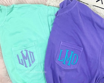 Monogram Comfort Colors Pocket Tee, Monogrammed Pocket Tee, Embroidered Pocket Shirt, Gift Under 25, Bridal Party Gift, Monogrammed Shirt