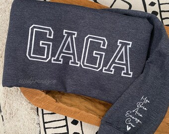 Embroidered Sweatshirt with Kids Names On Sleeve, Embroidered Gaga Sweatshirt, Custom Embroidered Mama Sweatshirt, Gift for Grandma