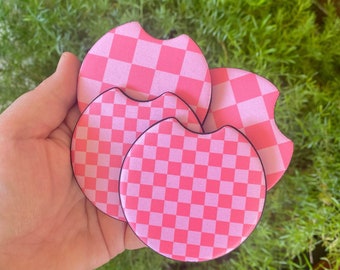 Hot Pink Checkered Car Coasters, Car Coasters, Set of 2 Car Coasters , Gifts Under 10, Cute Car Accessories, New Driver Gift