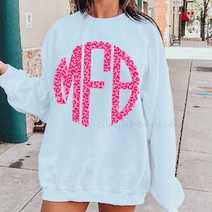 Hot Pink Leopard Monogram Sweatshirt - Large Monogram Sweatshirt - Oversized Sweatshirt - Valentine's Day Shirt - Monogrammed Shirt