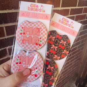 Retro Mama Cherry Car Coasters: Checkered, Leopard Bows - Set of 2