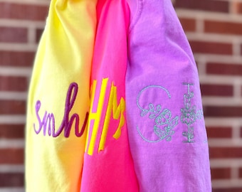 Monogram Neon Comfort Colors Shirt, Embroidered Comfort Colors Shirt, Retro Monogram Shirt, Neon Summer Shirt, 80s Neon