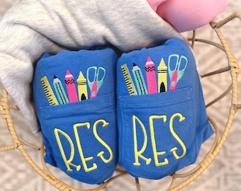Embroidered Teacher Icons Pocket Shirt, Comfort Colors, Kindergarten, Elementary School, Back To School, Cute Teacher School Shirt