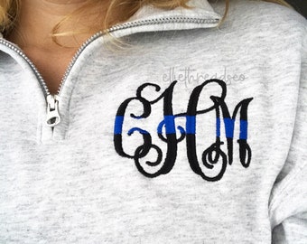 Monogram Police Wife Thin Blue Line Pullover, 1/4 Zip Sweatshirt, Police Wife Gift, Police Officer, Back The Blue, Police Gift