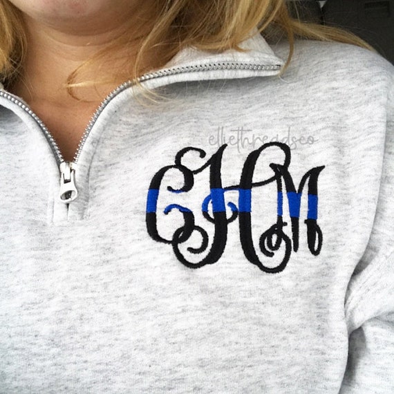 Embroidered Monogram Thin Blue Line Quarterzip, Police Wife Pullover, Law Enforcement, Thin Blue Line, Police Support