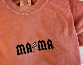 Mama Checkered Lightning Bolt Shirt, Embroidered Mama Shirt, Retro Mom Crewneck, Mama Crewneck