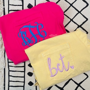Monogram Comfort Colors Pocket Shirt, Embroidered Pocket T-Shirt, Monogram Gift, Bridesmaid Shirt, Bridal Party Gift, Birthday Gift for Her