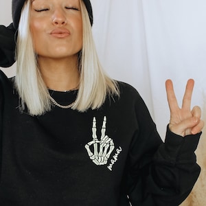Embroidered Skeleton Mama Crewneck, Peace Sign Skeleton, Trendy Mom Sweatshirt, Spooky Mama, Halloween Sweatshirt, Spooky Season, Fall Shirt