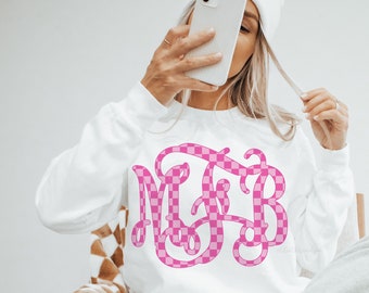 Monogram Pink Checkered Sweatshirt - Large Monogram Sweatshirt - Oversized Sweatshirt - Checkered Print - Trendy Monogram Shirt