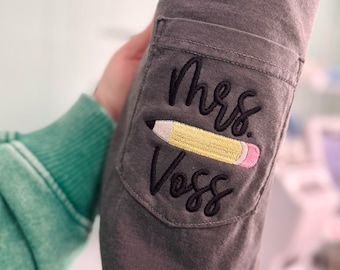 Embroidered Teacher Pencil Name Comfort Colors Pocket Shirt, Personalized Teacher Shirt, Gift for Teacher