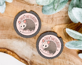 Cute But Trashy Car Coasters, Cute Opossum Car Coasters, Checkered Car Coasters, Set of 2 Car Coasters, Gifts Under 10, New Driver Gift