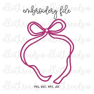 May include: A magenta embroidery file design of a bow with long ribbons. The words "embroidery file" are above the bow in cursive. Below the bow are the file types: PES, DST, VP3, and JEF. The design is on a white background.
