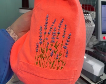 Embroidered Floral Pocket Shirt, Comfort Colors, Embroidered Lavender Pocket Shirt, Floral T-Shirt