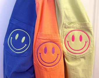 Retro Happy Face Comfort Colors Pocket Tee, Embroidered Pocket Tee, Neon Happy Face, Beach Shirt, Trendy Summer Shirt
