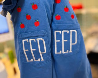 Embroidered Monogram Teacher Apple Comfort Colors Pocket Shirt, Teacher Shirt, Gift for Teacher