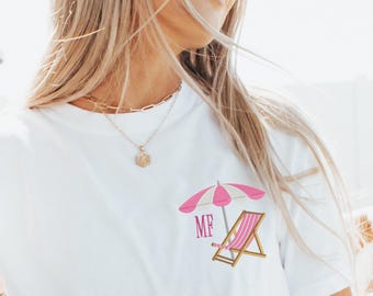 Monogram Beach Chair & Umbrella Shirt, Embroidered Comfort Colors Beach Shirt, Cute Summer Shirt, Vacation Shirt