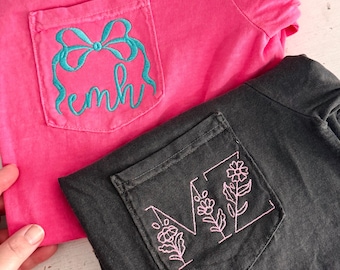 Best Selling Monogram Comfort Colors Pocket Shirt, Embroidered Comfort Colors Tee, Custom Pocket Tee, Monogrammed Short Sleeve Shirt
