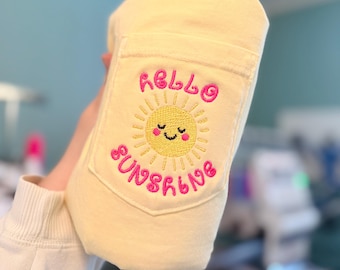 Hello Sunshine Embroidered Pocket Tee, Comfort Colors Shirt, Cute Summer Tshirt