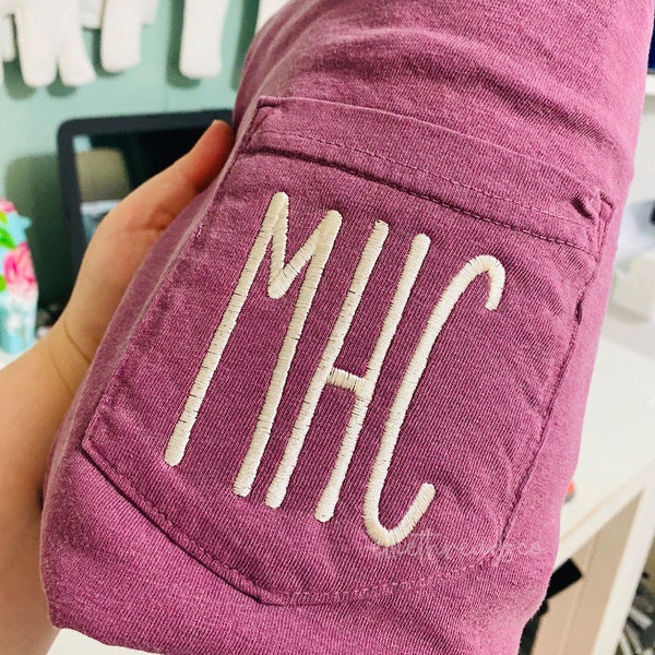 Embroidered Comfort Colors Pocket Shirt, Monogrammed Pocket Tee, Monogram Gift, Bridesmaid Shirt, Bridal Party Gift, Birthday Gift for Her