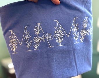 Embroidered Floral Mama Comfort Colors Shirt, Dainty Floral Shirt, New Mom Gift, Simplistic Mom Shirt