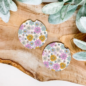 Retro Floral Car Coasters, Car Coasters, Set of 2 Car Coasters, Best Seller, Gifts Under 10, Cute Car Accessories, New Driver Gift