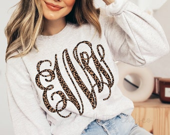 Monogram Leopard Sweatshirt - Large Monogram Sweatshirt - Oversized Sweatshirt - Leopard - Gift for Her - Monogrammed Shirt