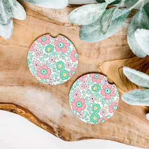 Cute Floral Checkered Car Coasters, Car Coasters, Set of 2 Car Coasters , Gifts Under 10, Cute Car Accessories, New Driver Gift