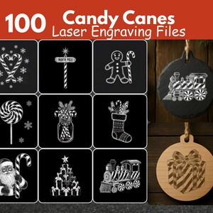 May include: A collection of laser engraving files featuring Christmas-themed designs. The image includes various illustrations of candy canes, a gingerbread man, Santa Claus, a train, and gift boxes. The text at the top reads "100 Candy Canes Laser Engraving Files."