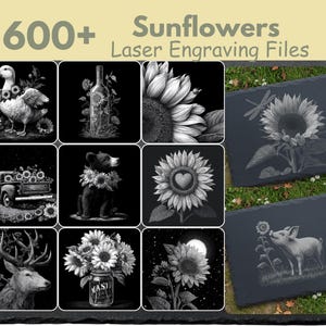 May include: A collection of laser engraving files featuring sunflowers. The image showcases various designs, including a duck, bear, deer, and pig, all adorned with sunflowers. The text "600+ Sunflowers Laser Engraving Files" is displayed at the top.